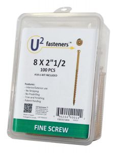 U2 Fasteners #8 x 2-1/2" Fine Screws, for Trim and Finish Work, T-10U Drive - 100 Pack